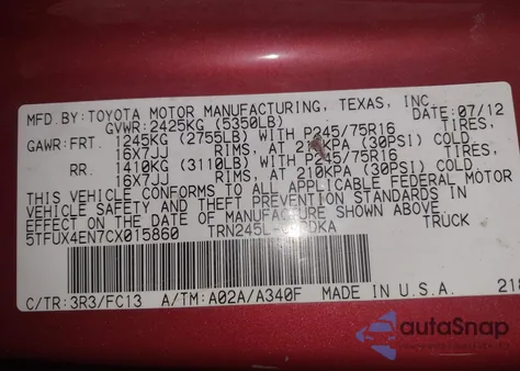 2012 Toyota Tacoma z USA, uszkodzony, nr VIN 5TFUX4EN7CX015860
